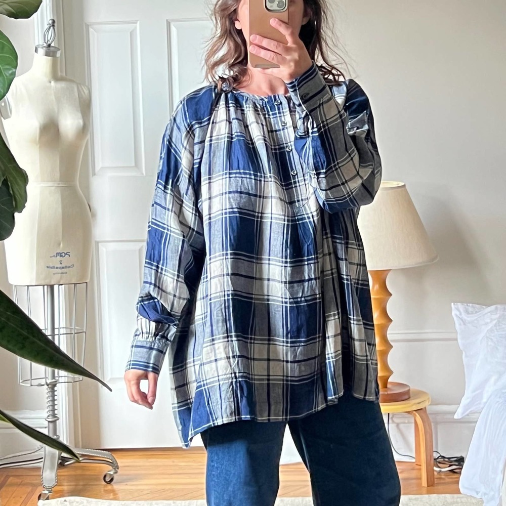 ICHI ANTIQUITES Japanese Linen Tartan Shirt in Blue/Gray Plaid